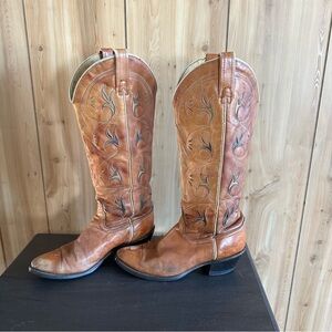 Vintage 1970s ACME leather tall leaf inlay western boots, women’s 7-7.5, read